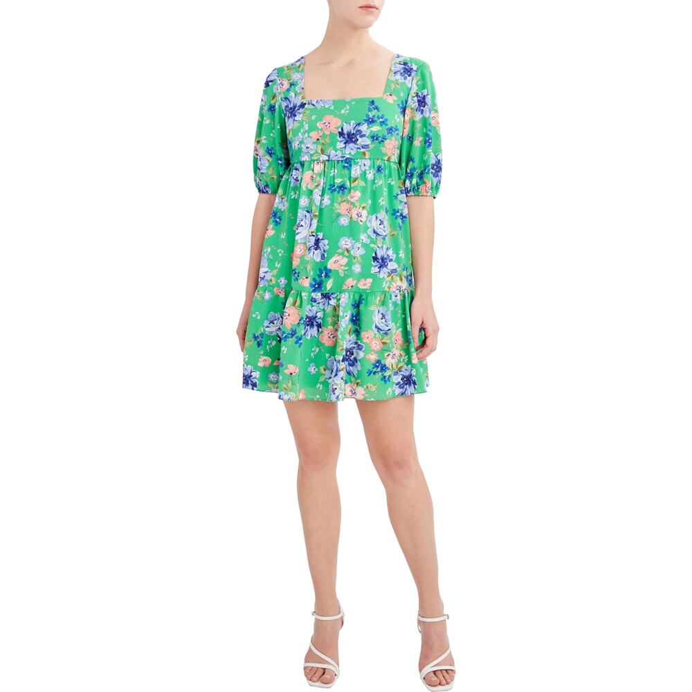 BCBG Paris Women's M Green Floral Puff Sleeve Tiered Short Dress Cottagecore Y2K